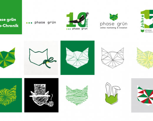 Auf dem Foto sind vielen verschiedene Logos und Katzenkopf-Icons zu sehen. Mal in geometrischer Form, gescribbel, weiche Formen die ein Feuerwerk mit Katzenkopf bilden. Das zeigt die phase grün Logo-Chronik.