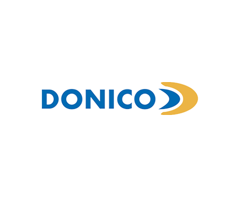 Das Logo bildet sich aus dem Firmennamen in Großbuchstaben DONICO und aus zwei Halbkreisen die sich nach rechts deformieren.