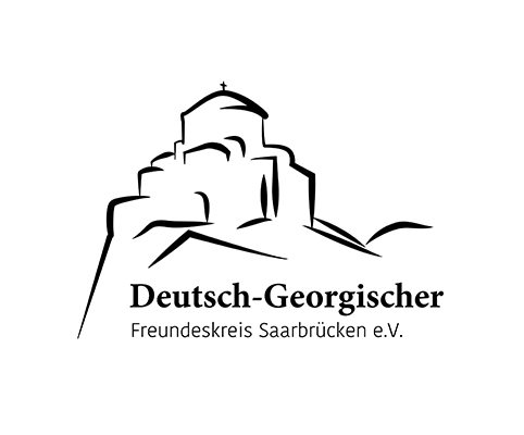 Mit minimalistischer und abstrakter Zeichnung wird eine georgische Kirche abgebildet. Unterhalb der Kirche steht der Schriftzug in groß Deutsch-Georgischer und in kleiner Schrift Freundeskreis Saarbrücken e.V.