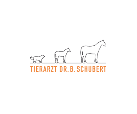 Auf dem Logo sind drei Tiere in einer linearen Zeichnung vom Profil zu sehen. Die Tiere sind wie folgt angeordnet: Hund, Fohlen und Pferd. Alle Tiere sind mit einer schwarzen Linien miteinander verbunden. Unterhalb der Grafik steht der Schriftzug in Orange geschrieben: Tierarzt Dr. B. Schubert.