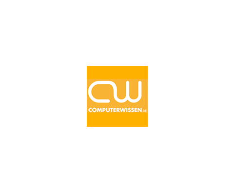 Das Logo besteht aus einem gelben Rechteck. Im Rechteck sitzt eine Schriftgrafik bestehend aus CW, die miteinander verbunden sind, und dem Untertitel Computerwissen.