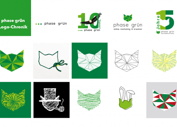 Auf dem Foto sind vielen verschiedene Logos und Katzenkopf-Icons zu sehen. Mal in geometrischer Form, gescribbel, weiche Formen die ein Feuerwerk mit Katzenkopf bilden. Das zeigt die phase grün Logo-Chronik.