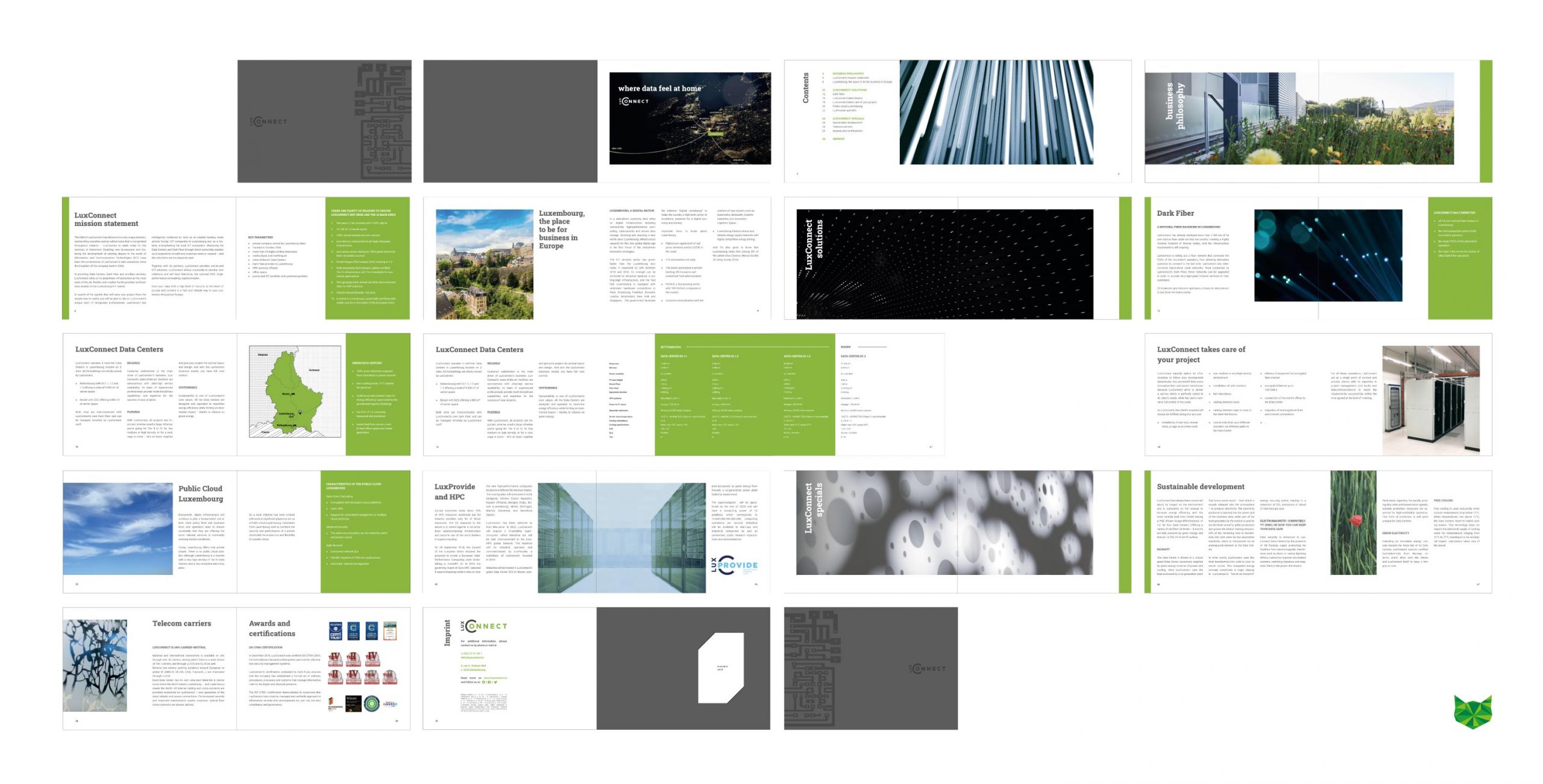 Die einzelnen Seiten der Imagebroschüre von LuxConnect werden in grafischen kleinen Bildern dargestellt.