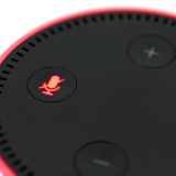 Der Sprachassistent Alexa ist vom oberen Bereich aus im Detail zu sehen. Ein von drei Knöpfen steht im Fokus und ist blinkt mit roter leuchtender Farbe auf. Der Knopf hat das Zeichen eines durchgestrichenem Mikrofons.