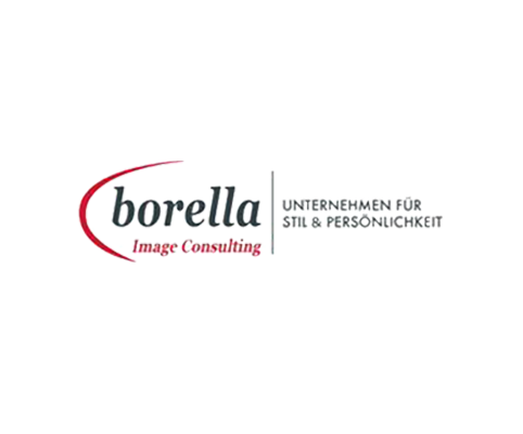 Das Logo bildet sich aus einem roten Bogen das den Schriftzug borella und Image Consulting umfasst.