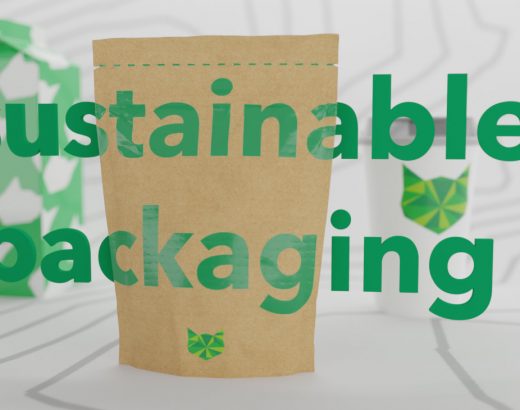 Sustainable Packaging wird grafischdargestellt durch drei Verpackungen, eine nachhaltige aus Papier im Vordergrund, links ein Tetra Pak und rechts ein Coffee to go Becher aus Pappe