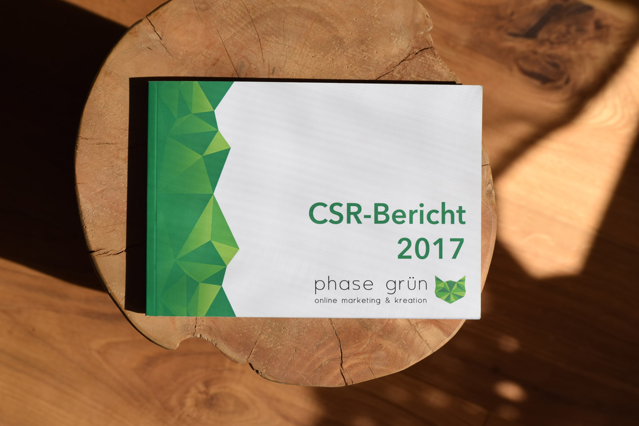 Eine Broschüre in verschiedenen Grüntönen und in Weiß liegt auf einem Holz-Beistelltisch. Der Titel der Broschüre lautet »CSR-Bericht 2017«.